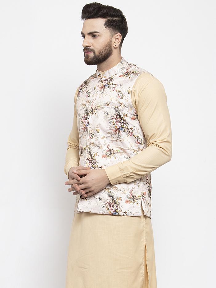 Jompers Men Cream Printed Satin Nehru Jacket - Distacart