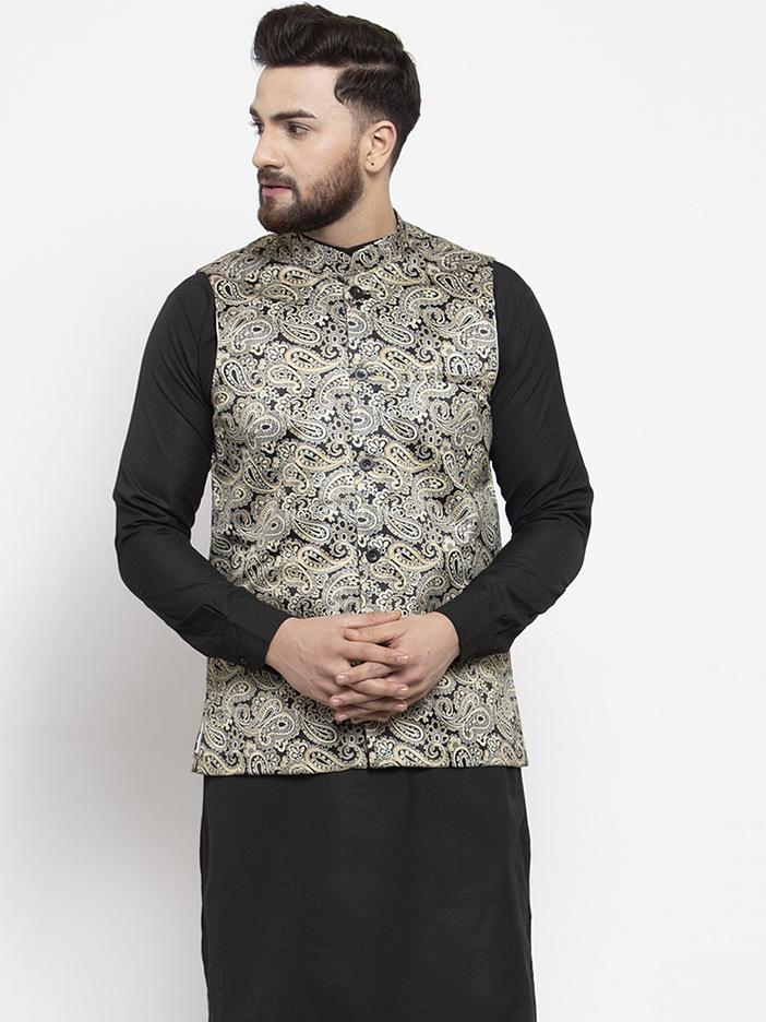 Jompers Men Golden Printed Satin Nehru Jacket - Distacart