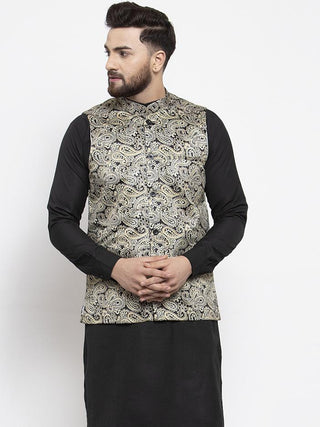 Jompers Men Golden Printed Satin Nehru Jacket - Distacart