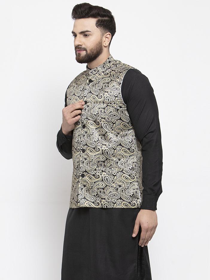 Jompers Men Golden Printed Satin Nehru Jacket - Distacart