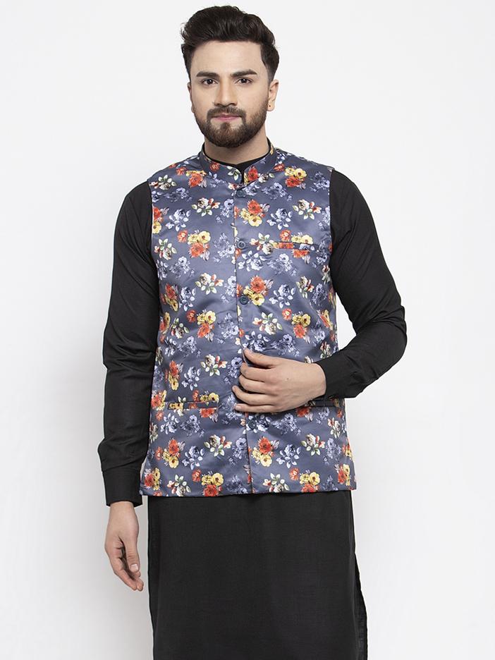 Jompers Men Grey Printed Satin Nehru Jacket - Distacart