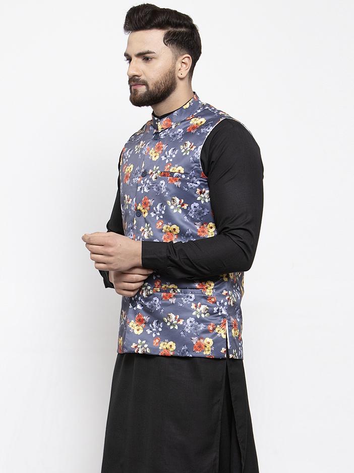Jompers Men Grey Printed Satin Nehru Jacket - Distacart