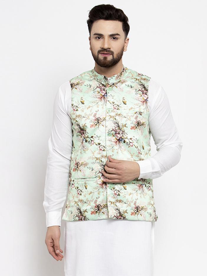Jompers Men Lime-Green Printed Satin Nehru Jacket - Distacart