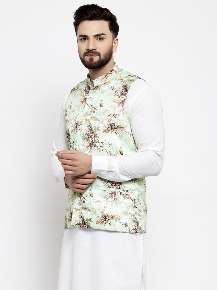 Jompers Men Lime-Green Printed Satin Nehru Jacket - Distacart