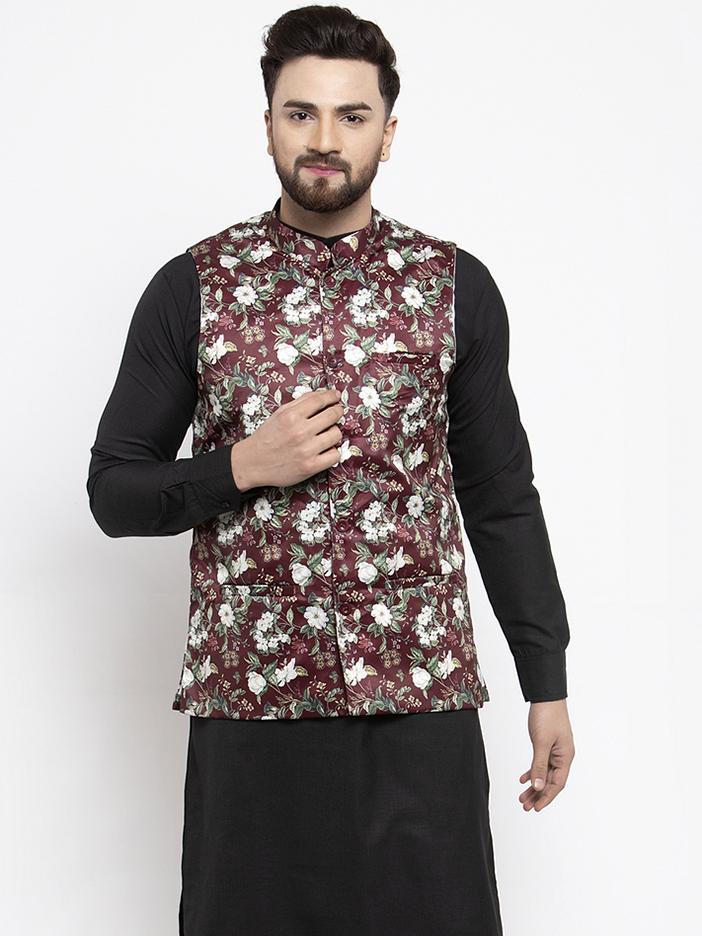 Jompers Men Maroon Printed Satin Nehru Jacket - Distacart