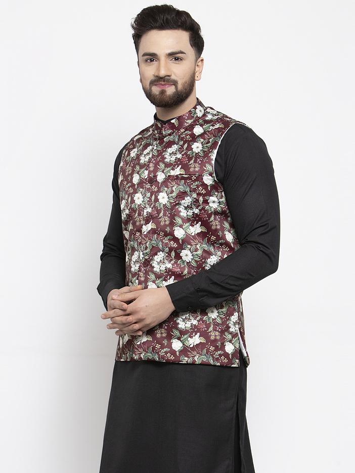 Jompers Men Maroon Printed Satin Nehru Jacket - Distacart