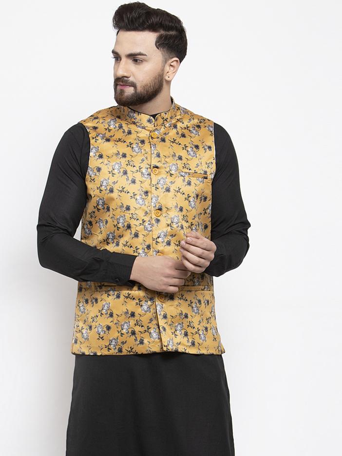 Jompers Men Mustard Printed Satin Nehru Jacket - Distacart