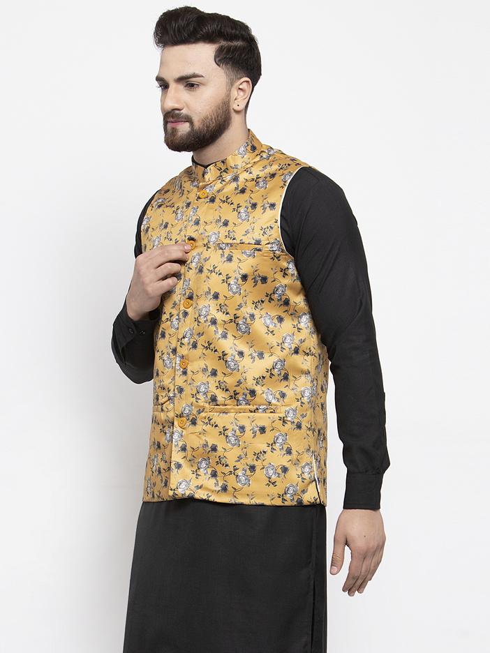Jompers Men Mustard Printed Satin Nehru Jacket - Distacart