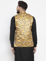 Thumbnail for Jompers Men Mustard Printed Satin Nehru Jacket - Distacart