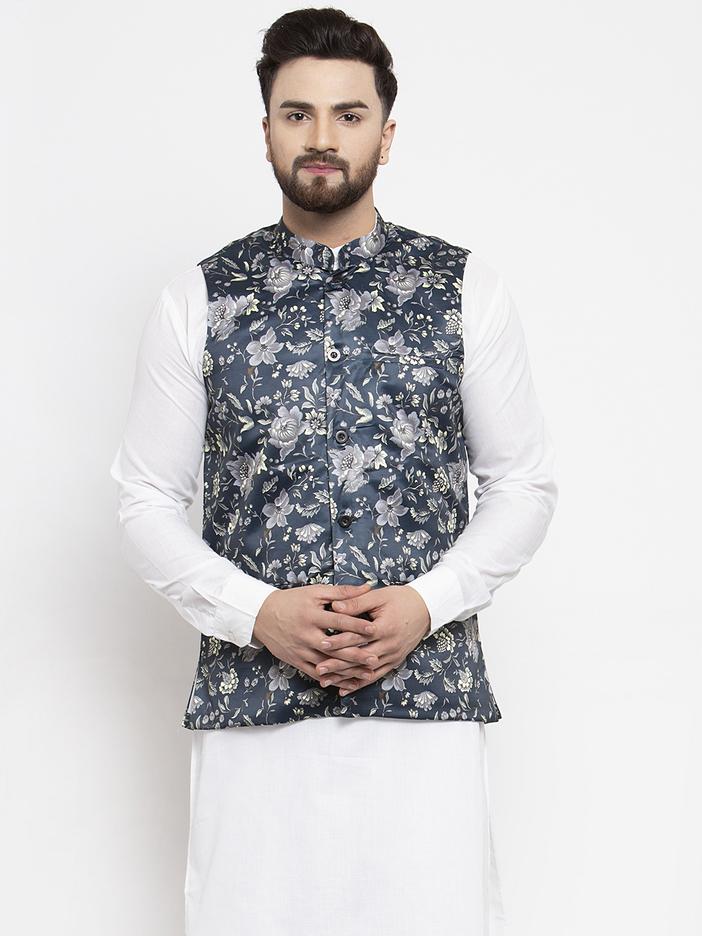 Jompers Men Navy-Blue Printed Satin Nehru Jacket - Distacart