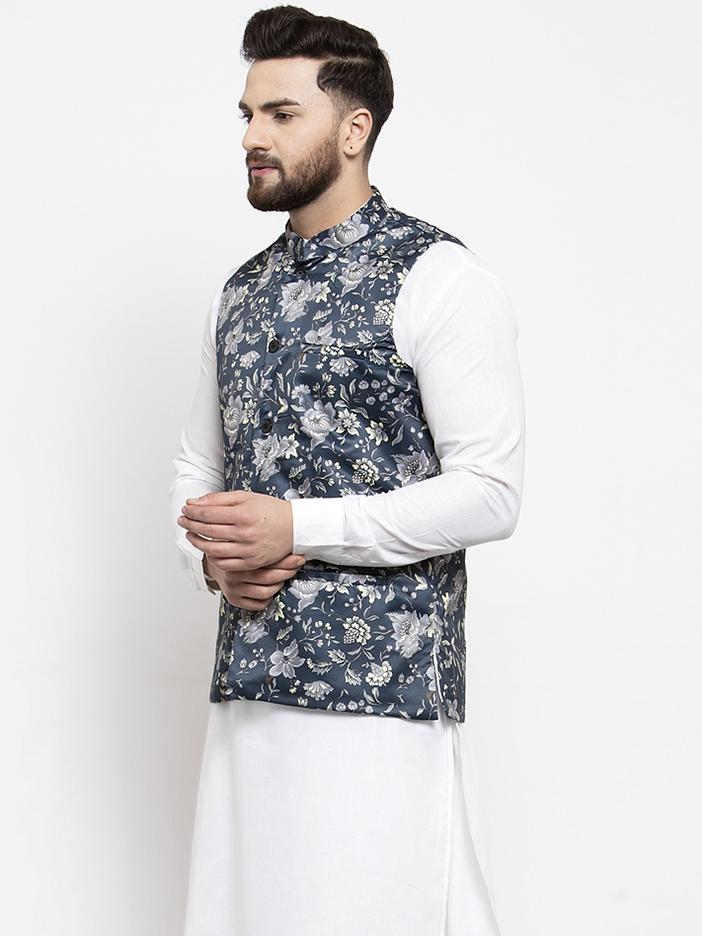 Jompers Men Navy-Blue Printed Satin Nehru Jacket - Distacart