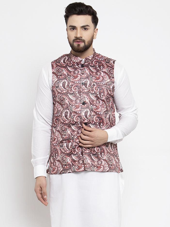 Jompers Men Pink Printed Satin Nehru Jacket - Distacart