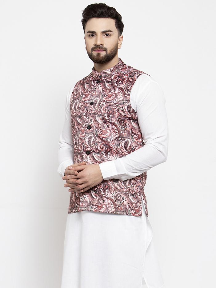 Jompers Men Pink Printed Satin Nehru Jacket - Distacart