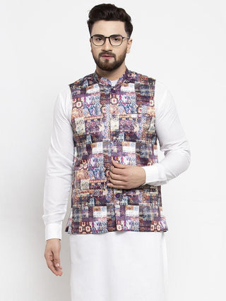 Jompers Men Purple Printed Satin Nehru Jacket - Distacart