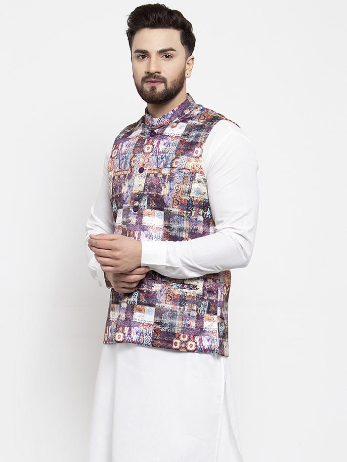 Jompers Men Purple Printed Satin Nehru Jacket - Distacart