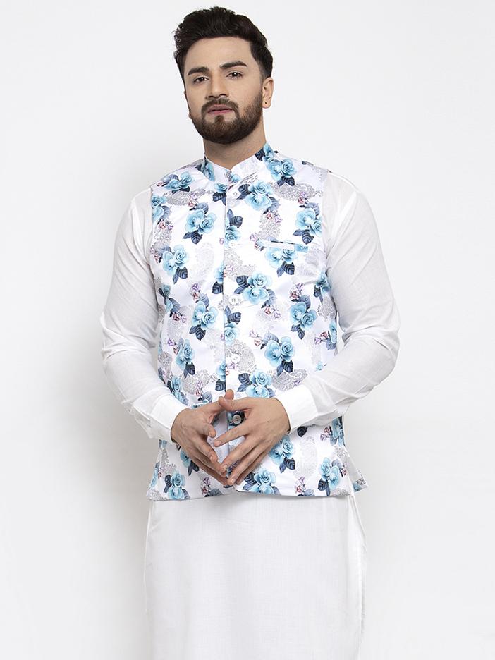 Jompers Men Silver Printed Satin Nehru Jacket - Distacart