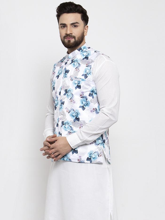 Jompers Men Silver Printed Satin Nehru Jacket - Distacart