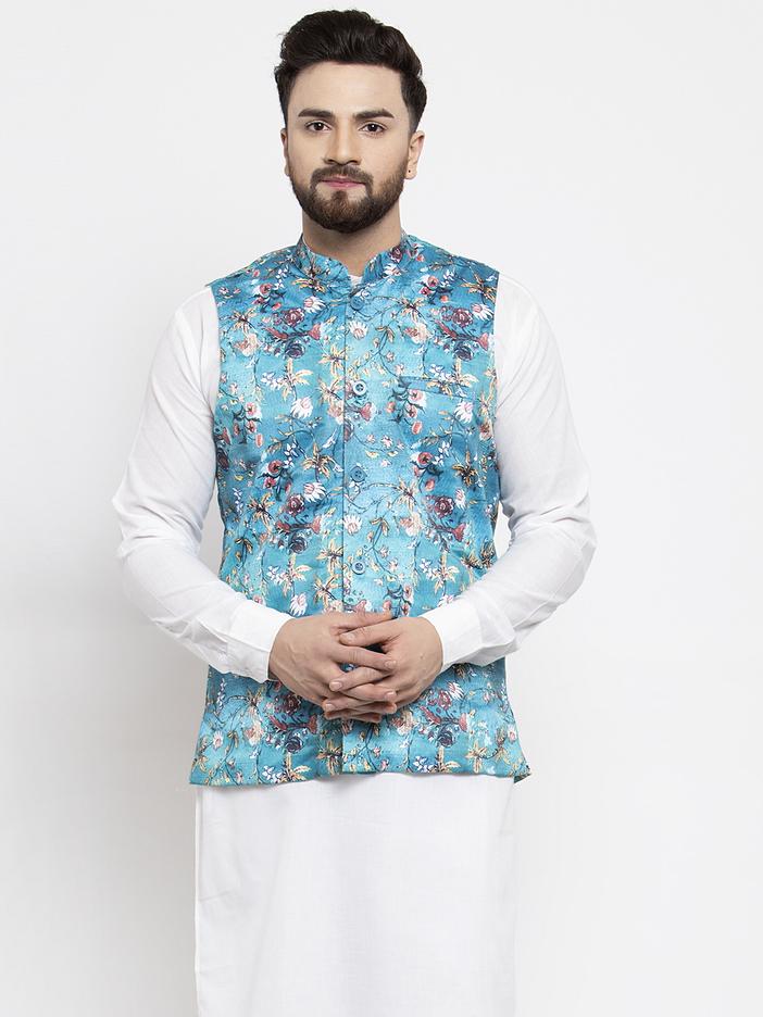 Jompers Men Sky-Blue Printed Satin Nehru Jacket - Distacart