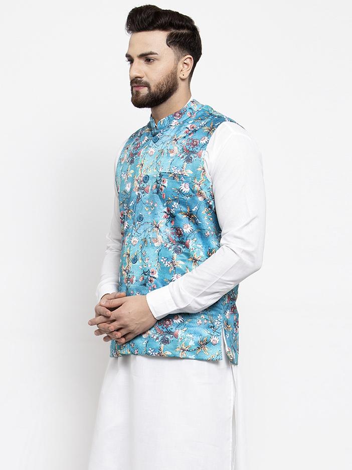 Jompers Men Sky-Blue Printed Satin Nehru Jacket - Distacart