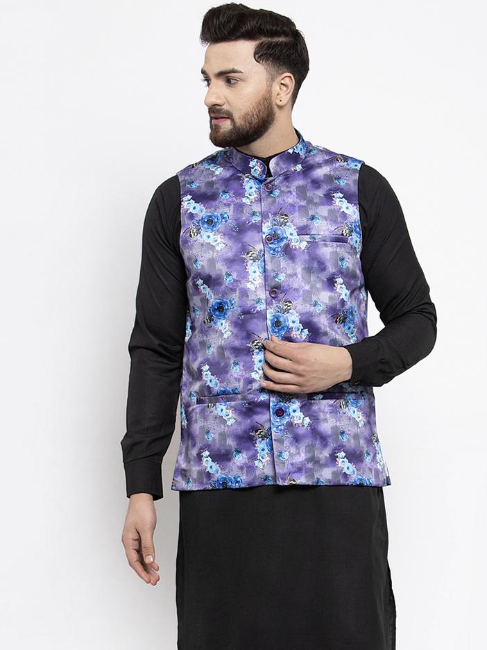 Jompers Men Violet Printed Satin Nehru Jacket - Distacart