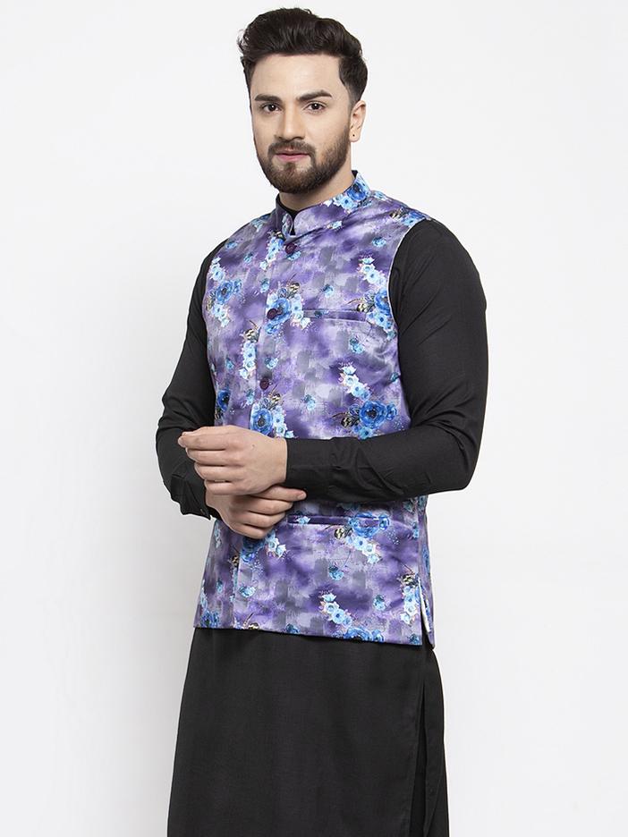 Jompers Men Violet Printed Satin Nehru Jacket - Distacart