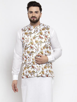Jompers Men White Printed Satin Nehru Jacket - Distacart