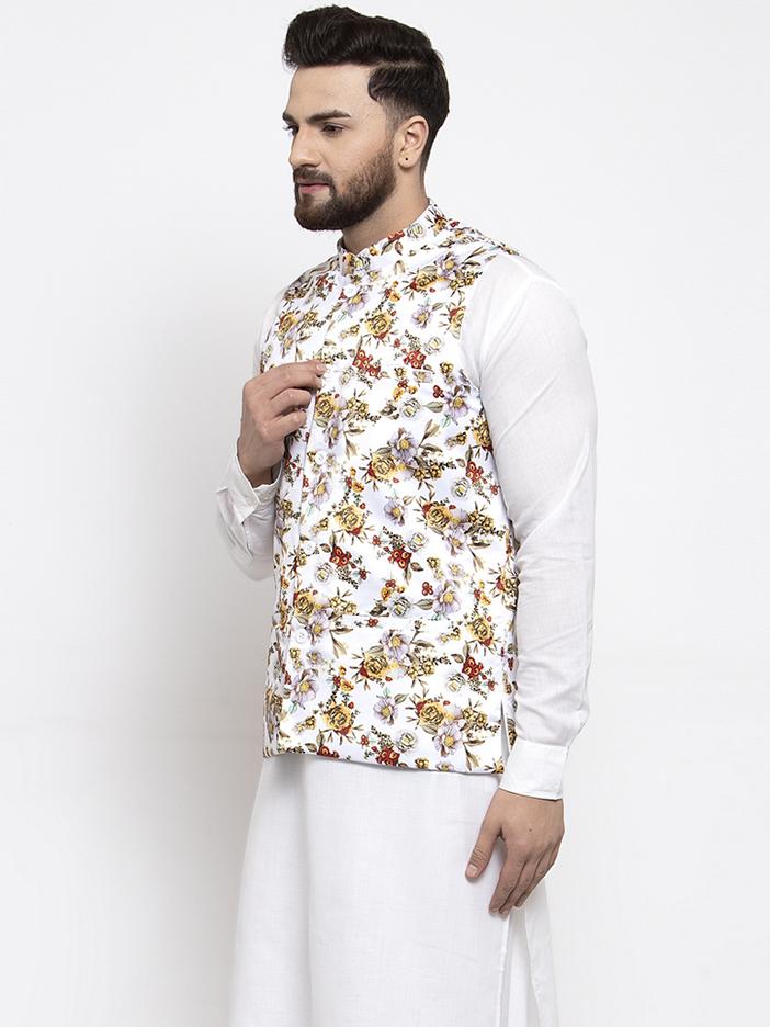 Jompers Men White Printed Satin Nehru Jacket - Distacart