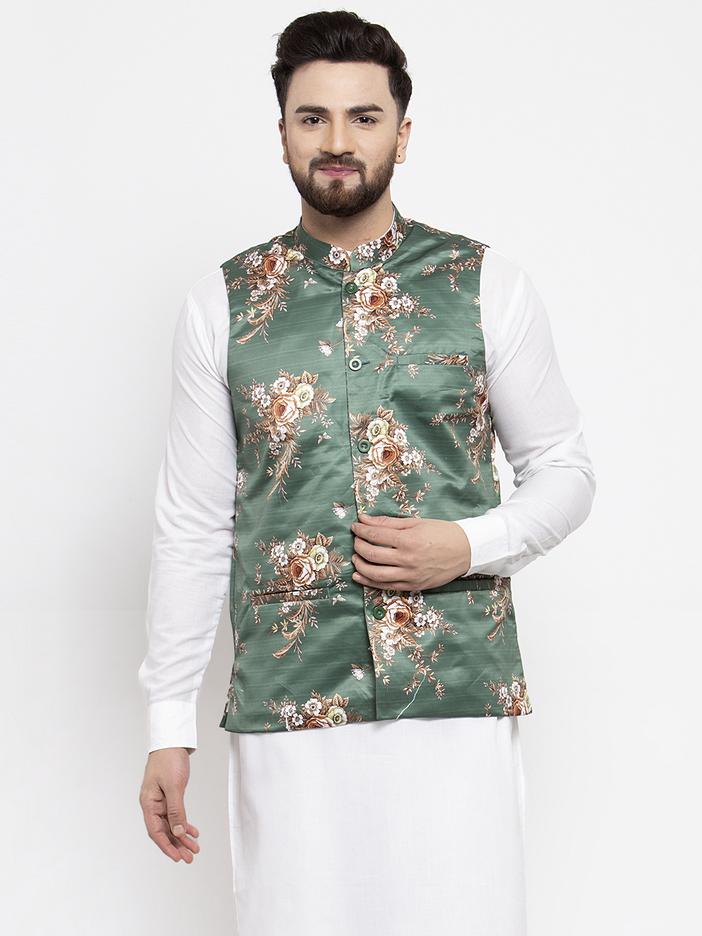 Jompers Men Green & Brown Printed Satin Nehru Jacket - Distacart