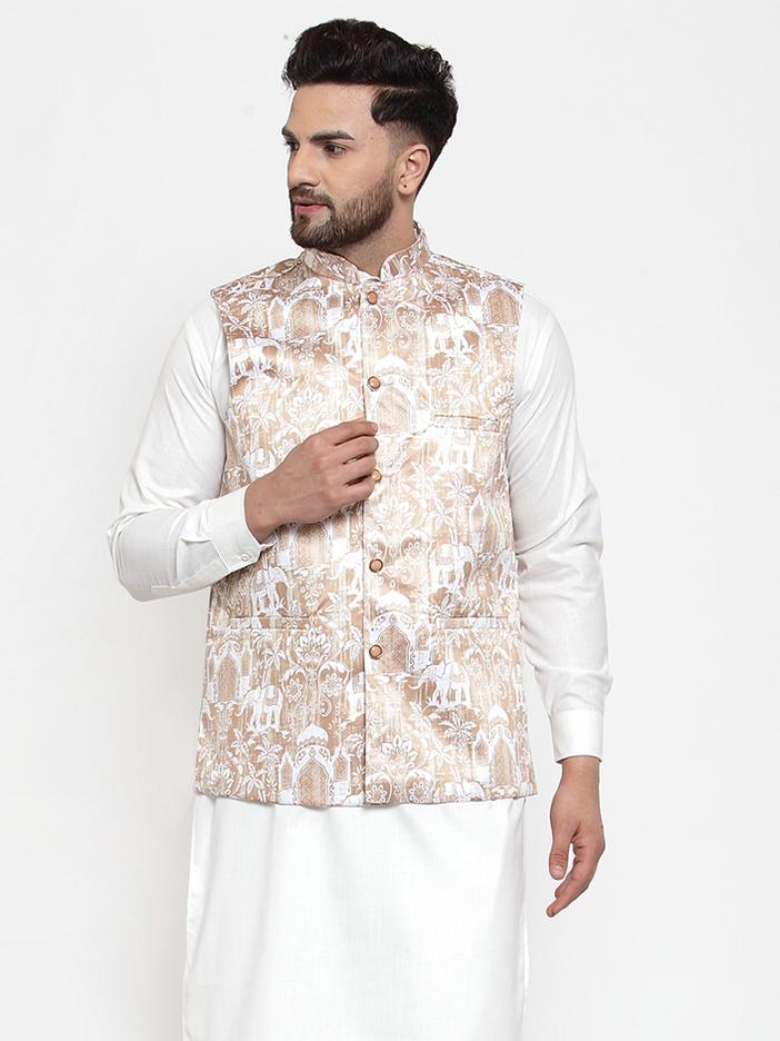 Jompers Men Beige Printed Satin Nehru Jacket - Distacart