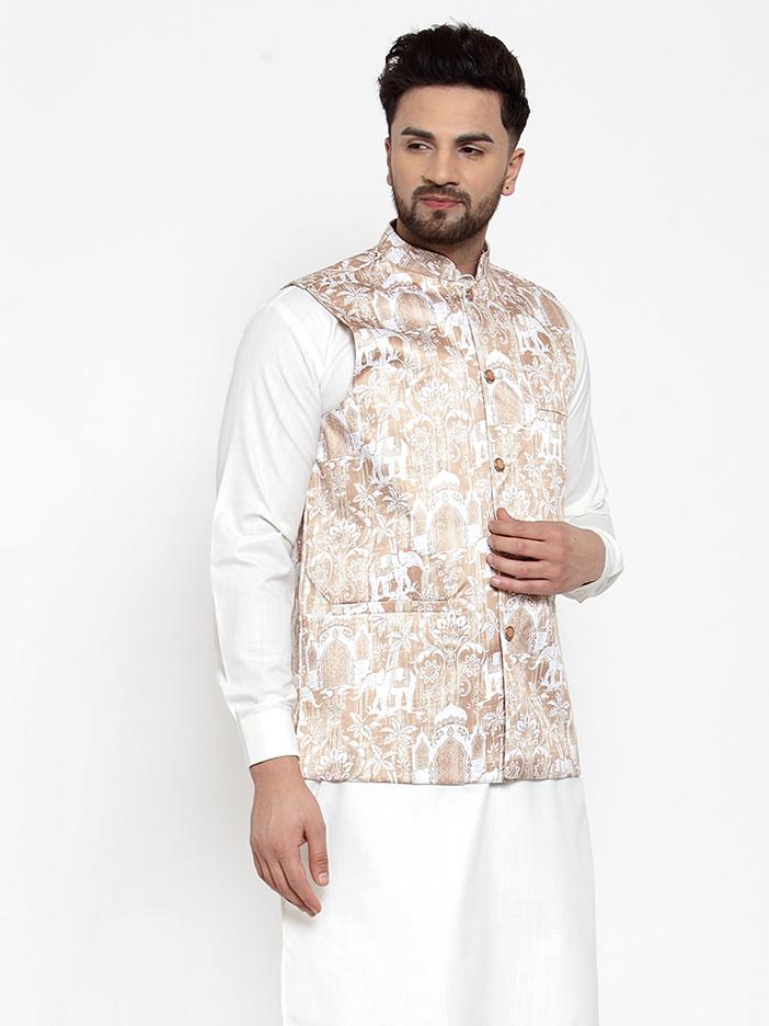 Jompers Men Beige Printed Satin Nehru Jacket - Distacart