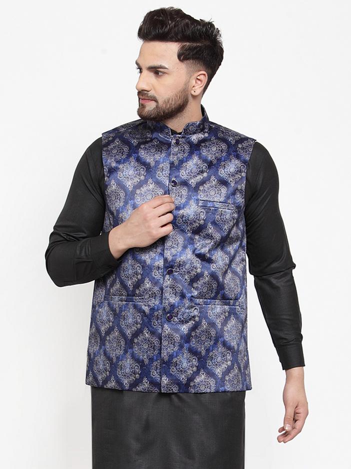Jompers Men Navy-Blue Printed Satin Nehru Jacket - Distacart