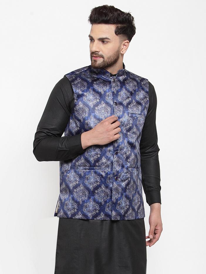Jompers Men Navy-Blue Printed Satin Nehru Jacket - Distacart