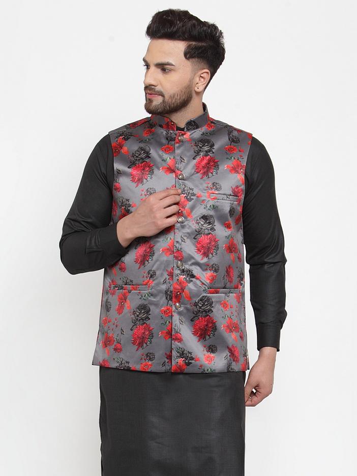 Jompers Men Grey Printed Satin Nehru Jacket - Distacart