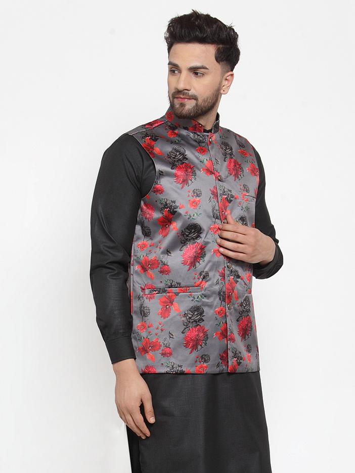 Jompers Men Grey Printed Satin Nehru Jacket - Distacart