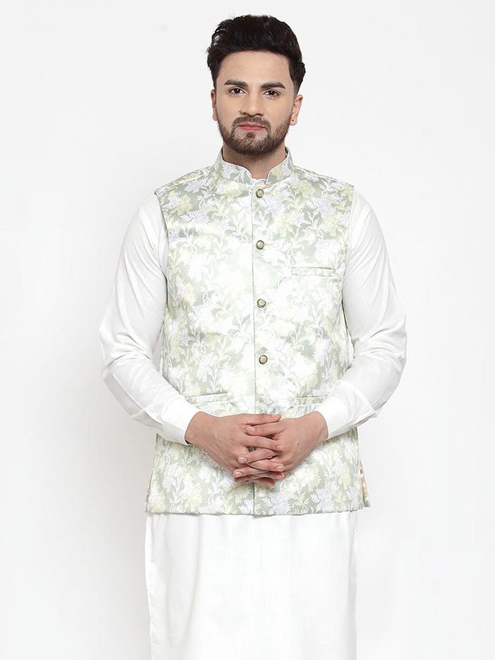 Jompers Men Lime-Green Printed Satin Nehru Jacket - Distacart