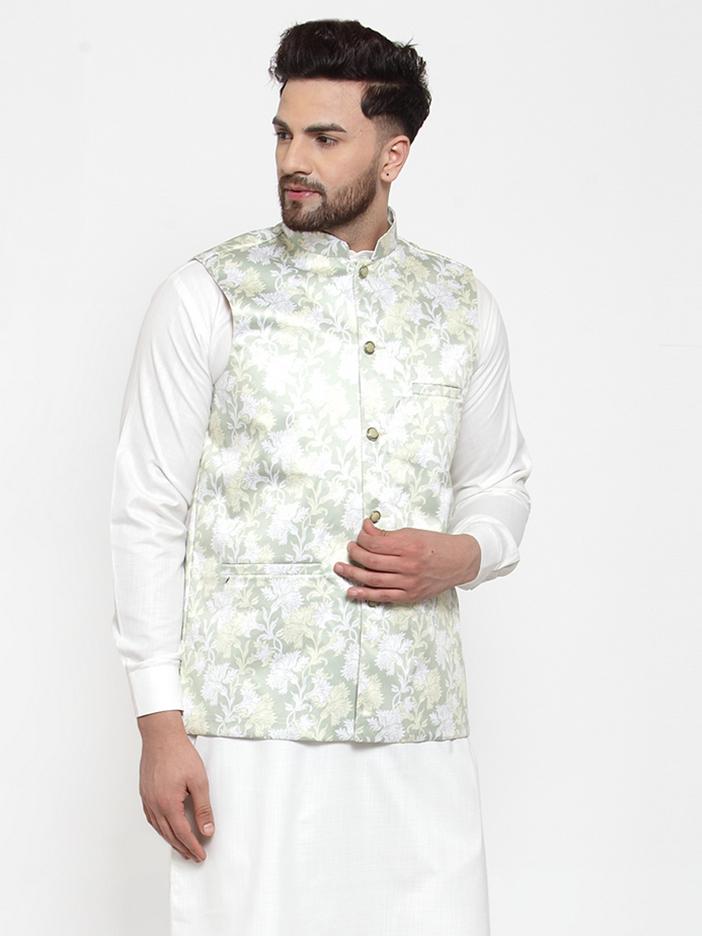 Jompers Men Lime-Green Printed Satin Nehru Jacket - Distacart
