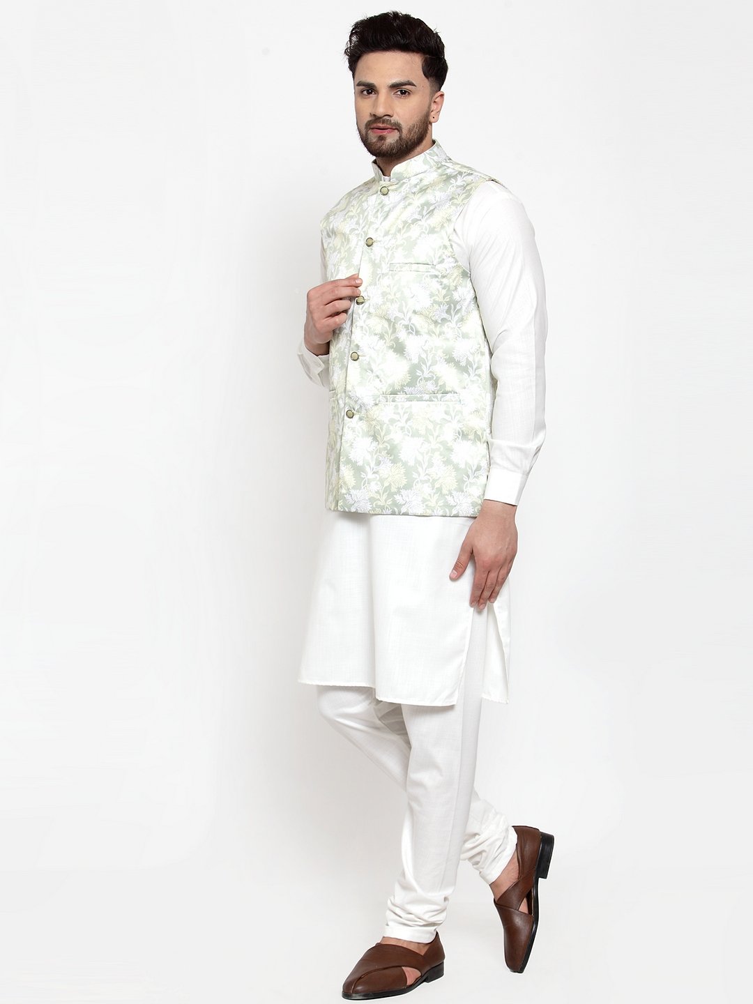 Jompers Men Lime-Green Printed Satin Nehru Jacket - Distacart