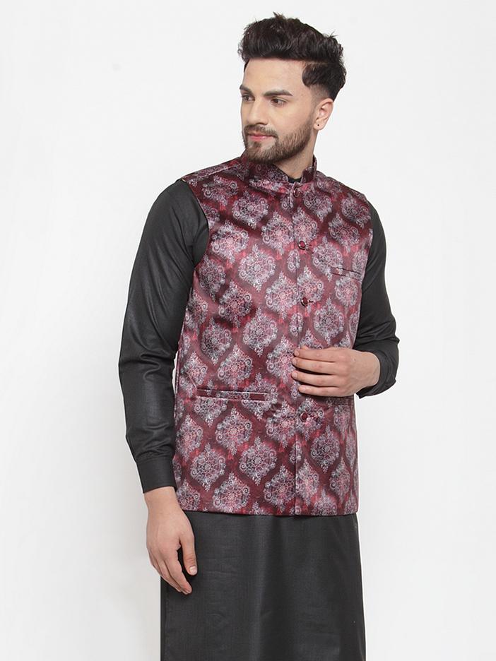 Jompers Men Maroon Printed Satin Nehru Jacket - Distacart