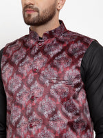 Thumbnail for Jompers Men Maroon Printed Satin Nehru Jacket - Distacart
