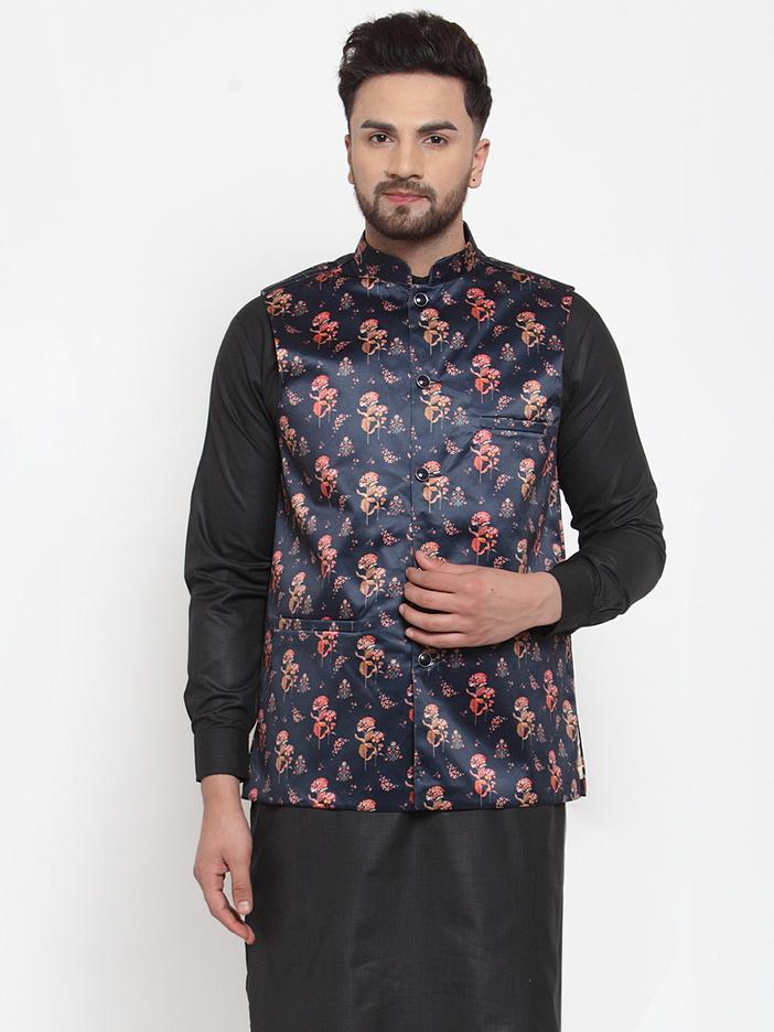 Jompers Men Navy-Blue Printed Satin Nehru Jacket - Distacart