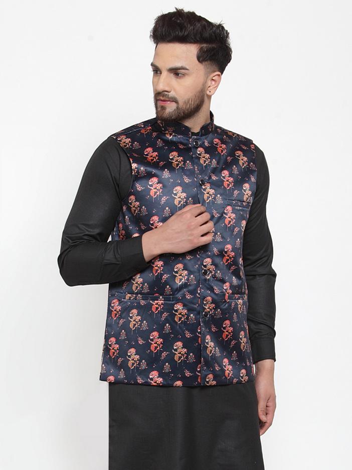 Jompers Men Navy-Blue Printed Satin Nehru Jacket - Distacart