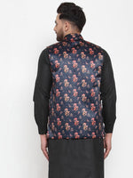 Thumbnail for Jompers Men Navy-Blue Printed Satin Nehru Jacket - Distacart