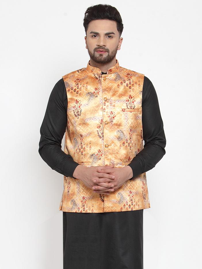 Jompers Men Orange Printed Satin Nehru Jacket - Distacart