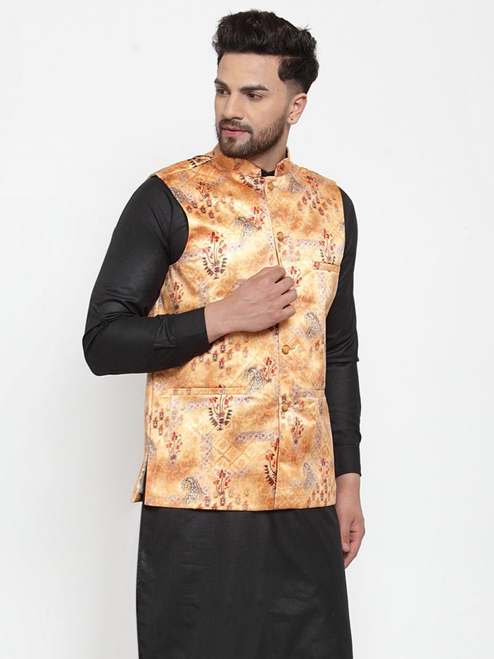 Jompers Men Orange Printed Satin Nehru Jacket - Distacart