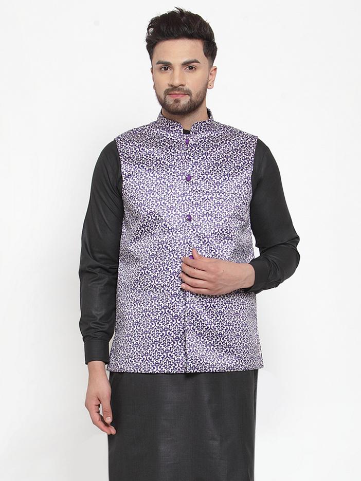 Jompers Men Purple Printed Satin Nehru Jacket - Distacart