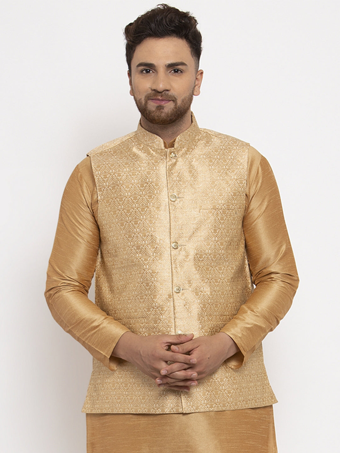 Jompers Men's Gold Woven Nehru Jacket