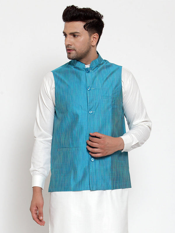 Jompers Men's Blue Woven Design Nehru Jacket