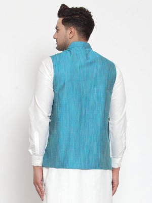 Jompers Men's Blue Woven Design Nehru Jacket