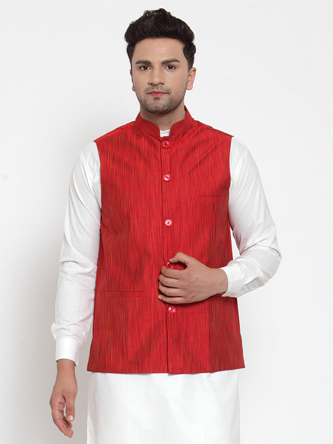 Jompers Men's Beautiful Red Woven Design Nehru Jacket
