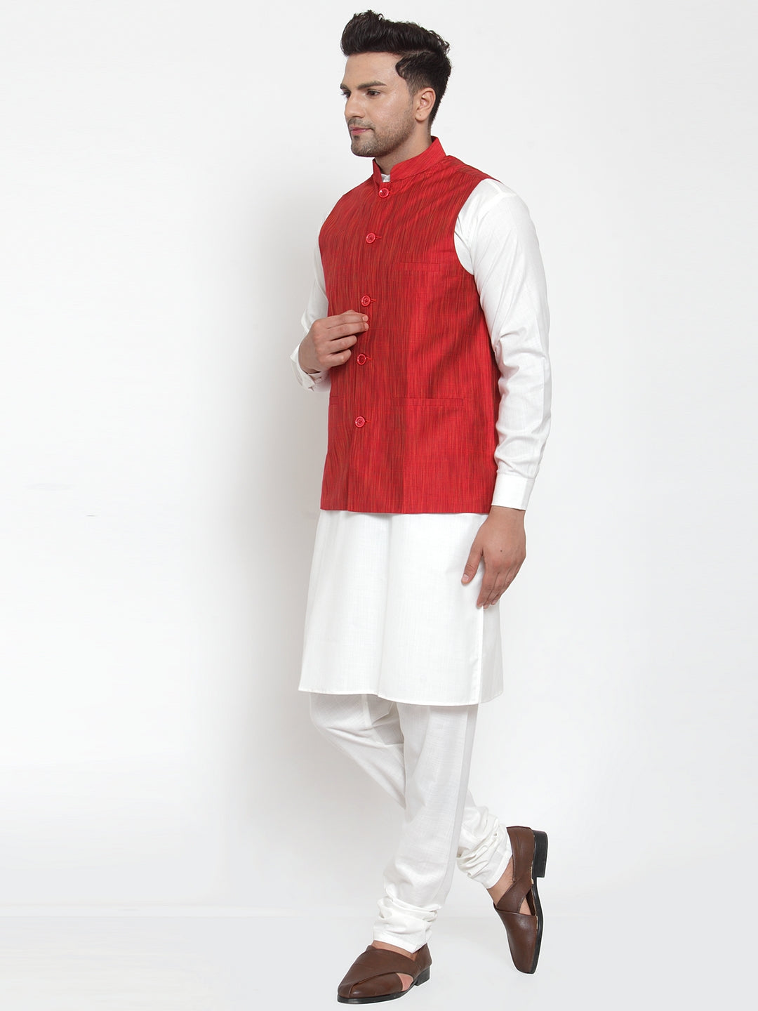Jompers Men's Beautiful Red Woven Design Nehru Jacket